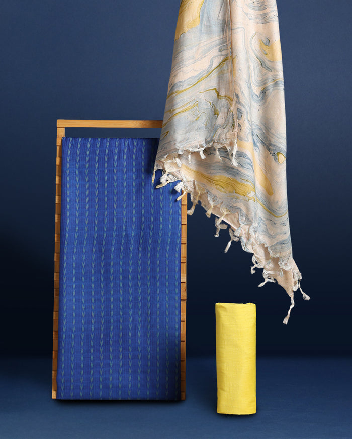 Abstract Katan Silk Tie Dyed Yellow & Blue Suit (T+B+D)