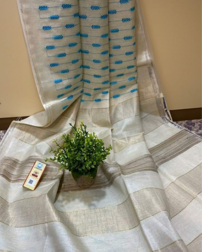Eri Silk Embroidered Cream Saree with Running Blouse-Indiehaat