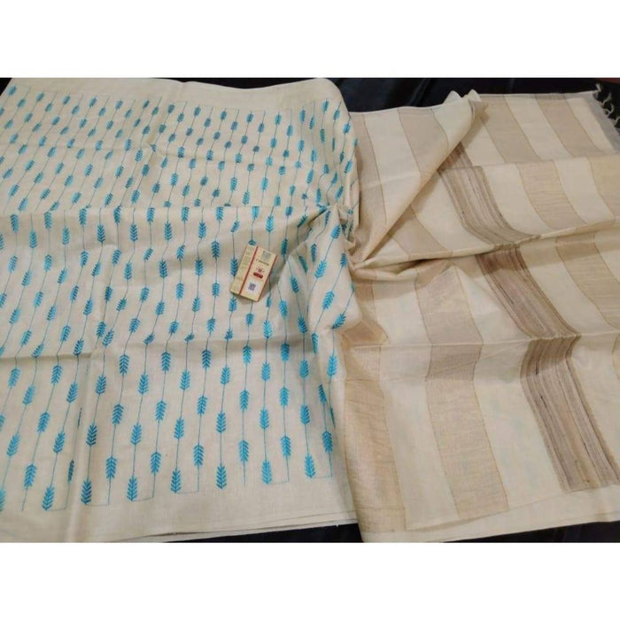 Eri Silk Embroidered Cream Saree with Running Blouse-Indiehaat