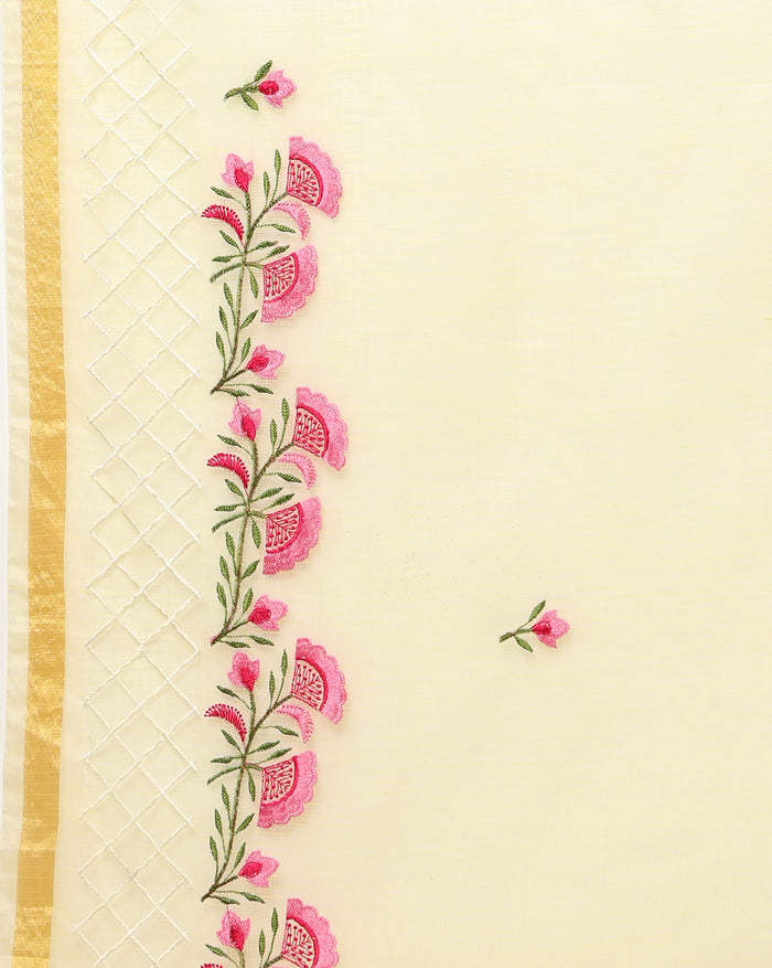 Kota Doria Pastel Yellow Saree Embroidery