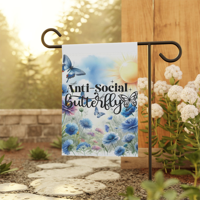 Anti Social Butterfly Garden Flag Floral Butterfly Yard Art House Banner 2-Sided