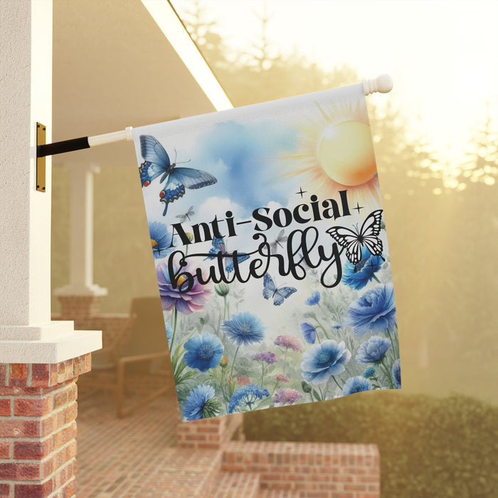 Anti Social Butterfly Garden Flag Floral Butterfly Yard Art House Banner 2-Sided
