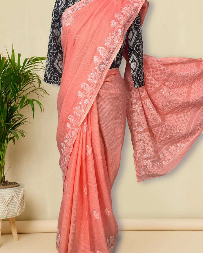 Indiehaat | Kota Doria Pinkish Red Chikankari Saree