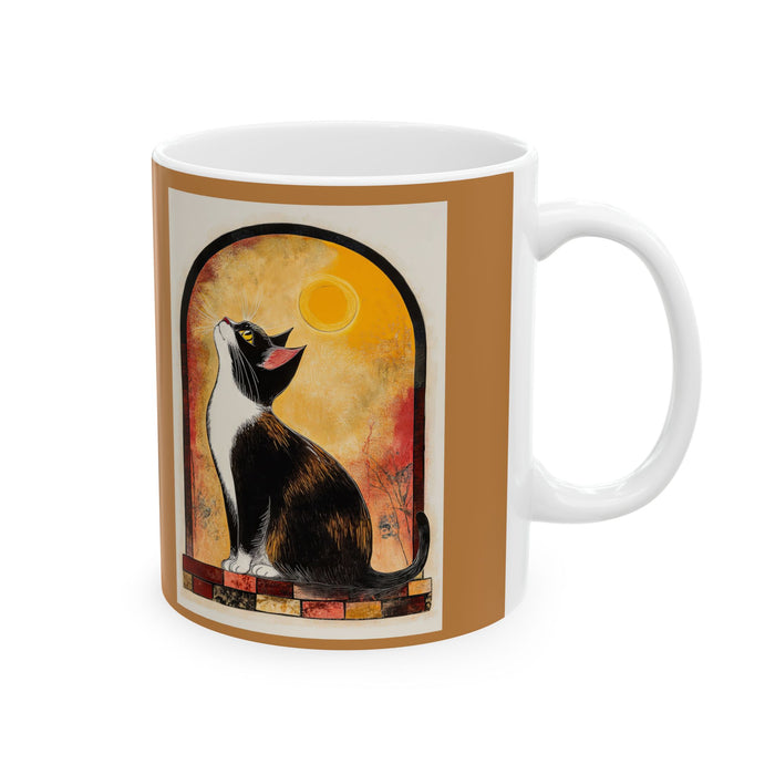 Artistic Ceramic Mug, Unique Coffee Cup, Cat and Moon Print, Gift for Art