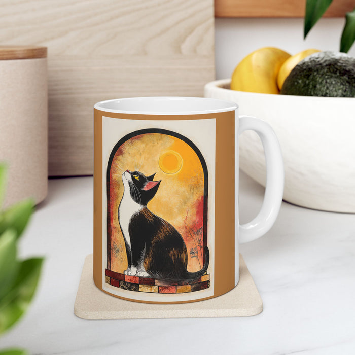 Artistic Ceramic Mug, Unique Coffee Cup, Cat and Moon Print, Gift for Art