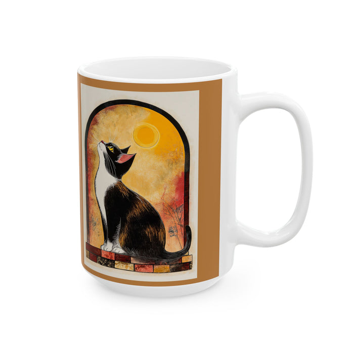 Artistic Ceramic Mug, Unique Coffee Cup, Cat and Moon Print, Gift for Art