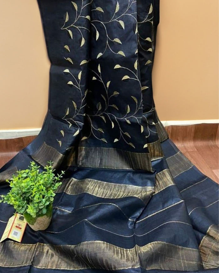 Eri Silk Embroidered Saree Black Color with Running Blouse-Indiehaat