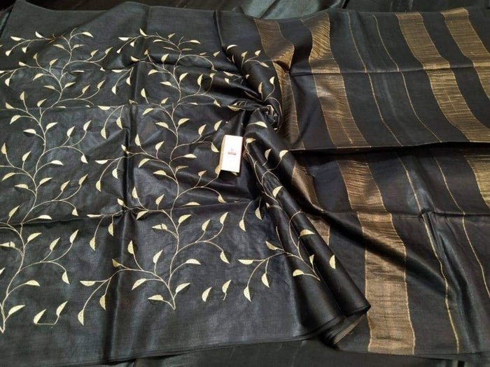 Eri Silk Embroidered Saree Black Color with Running Blouse-Indiehaat