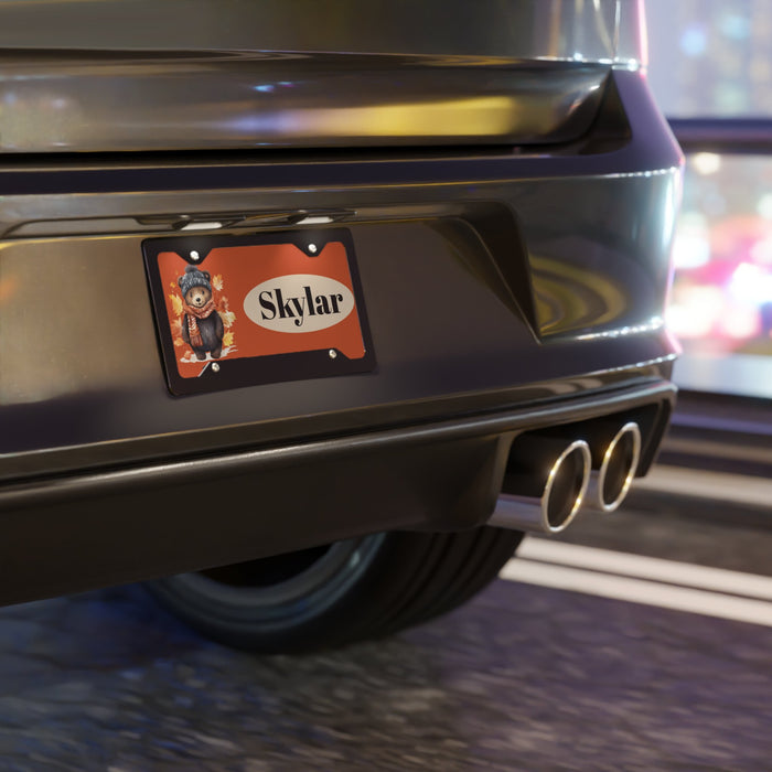 Baby Black Bear Custom Front License Plate with Personalization panel  on the back of a car