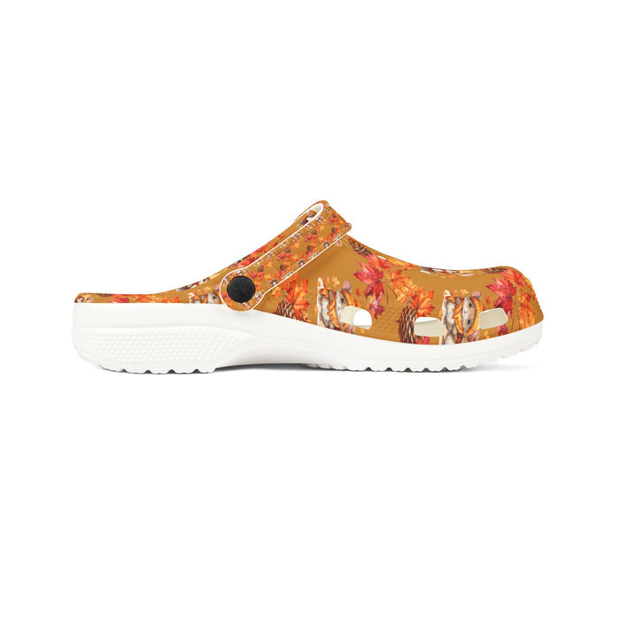 Clog shoe with floral and animal print on a white background