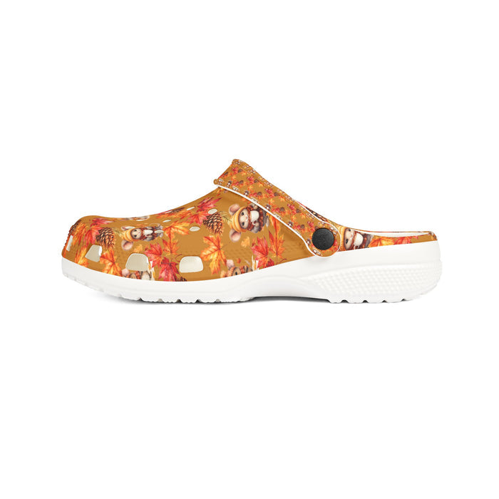Clog shoe with a colorful design on a white background