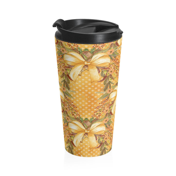 Autumn Tone Gold Bows and Fall Flowers Stainless Steel Travel Mug 15 oz