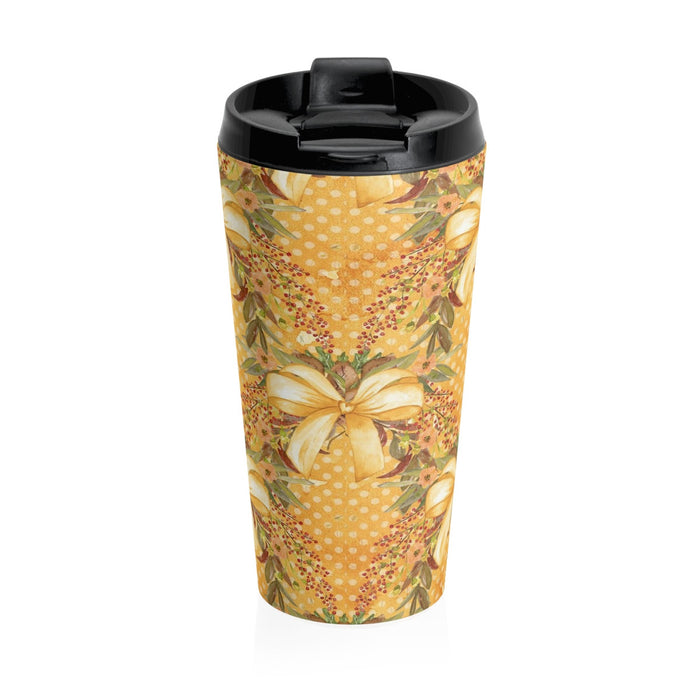 Autumn Tone Gold Bows and Fall Flowers Stainless Steel Travel Mug 15 oz