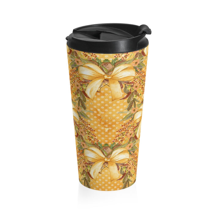 Autumn Tone Gold Bows and Fall Flowers Stainless Steel Travel Mug 15 oz