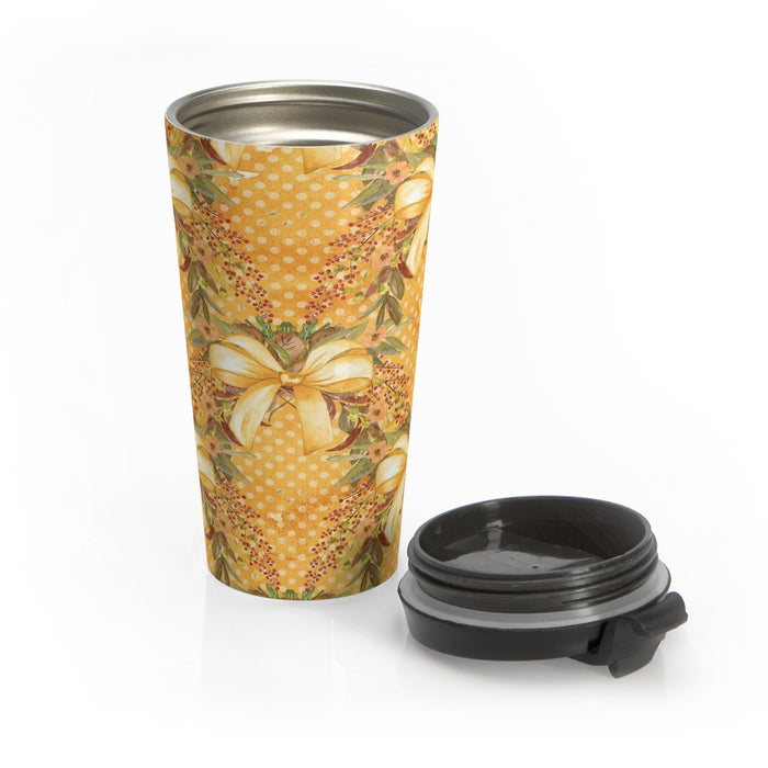 Autumn Tone Gold Bows and Fall Flowers Stainless Steel Travel Mug 15 oz
