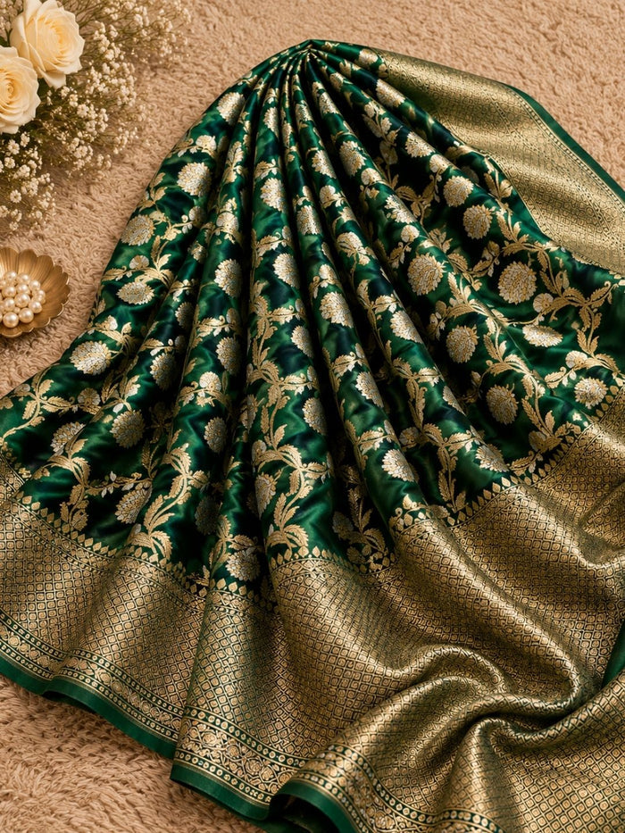 Indiehaat | Green Mashru Katan Silk Saree | Brocade