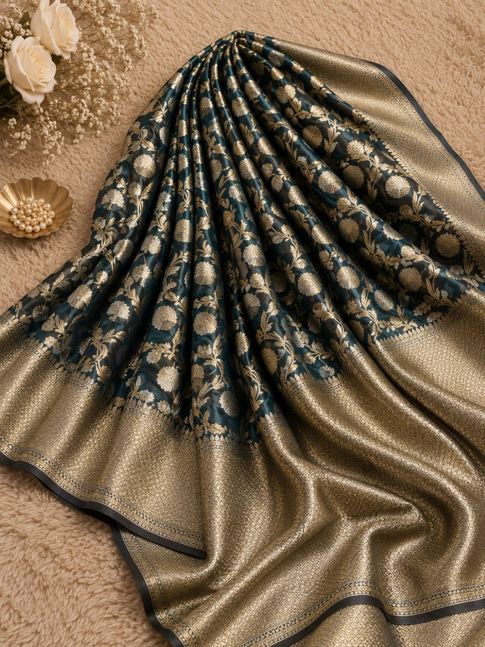 Indiehaat | Green Mashru Katan Silk Saree | Brocade