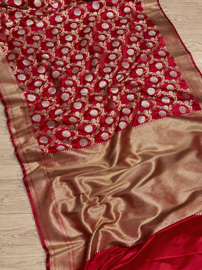 Indiehaat | Red Mashru Katan Silk Saree | Brocade