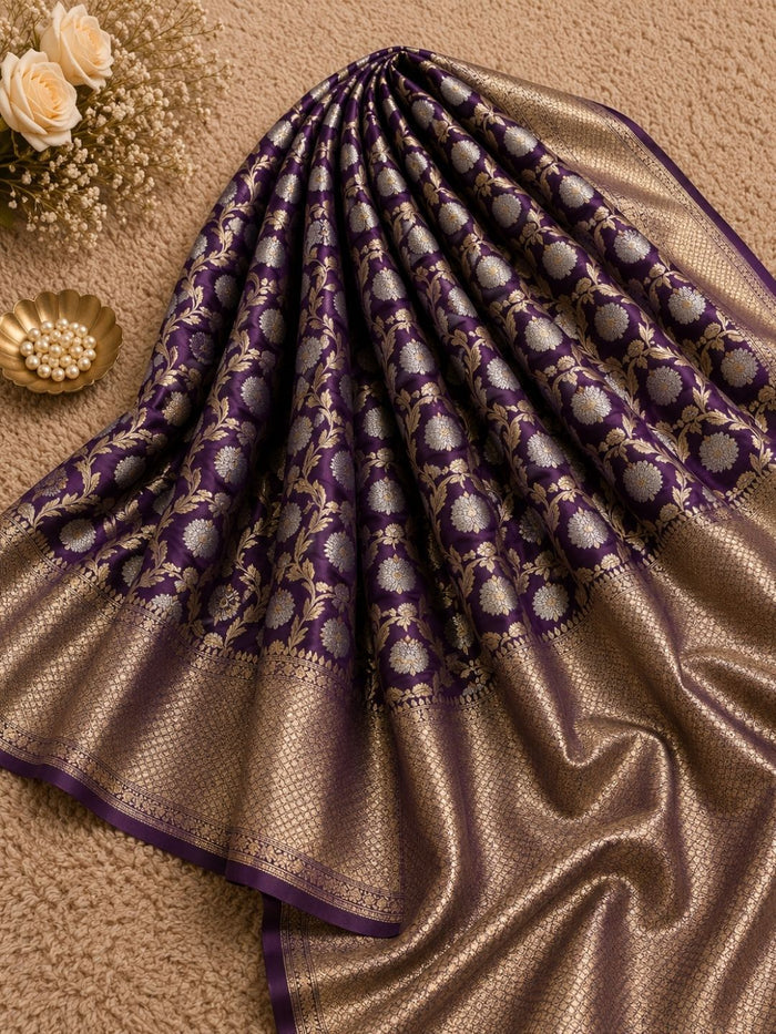 Indiehaat | Violet Mashru Katan Silk Saree | Brocade