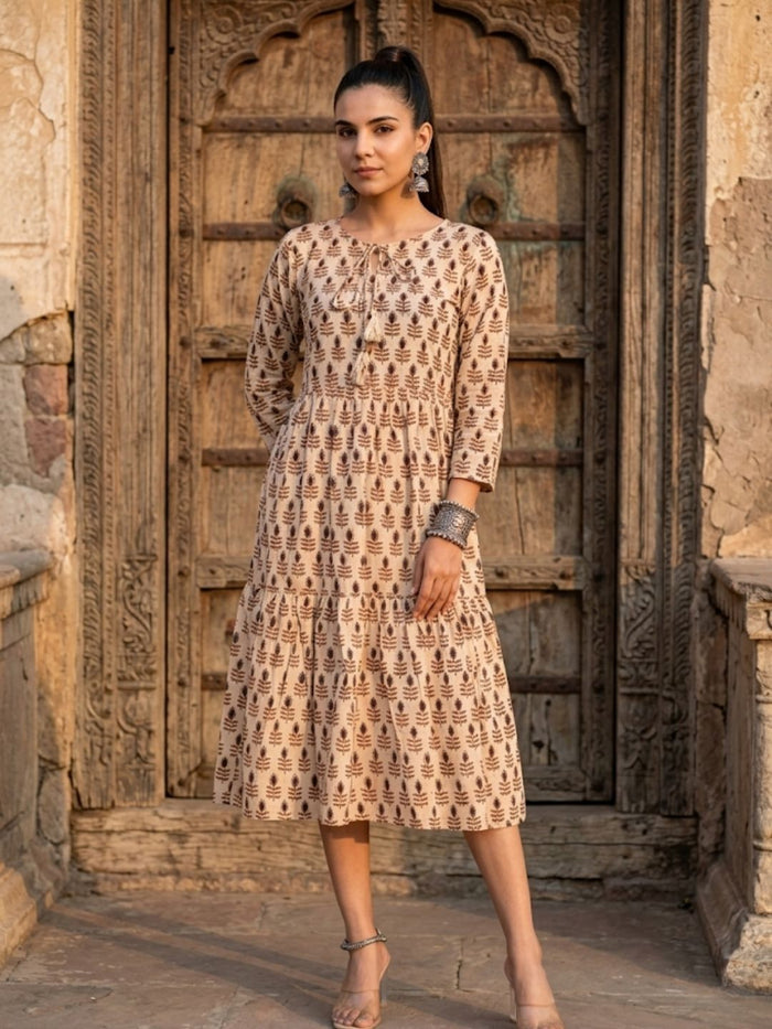 Indiehaat | Blockprinted Cotton Frill Dress Beige