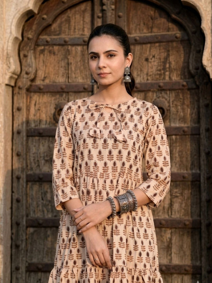 Indiehaat | Blockprinted Cotton Frill Dress Beige
