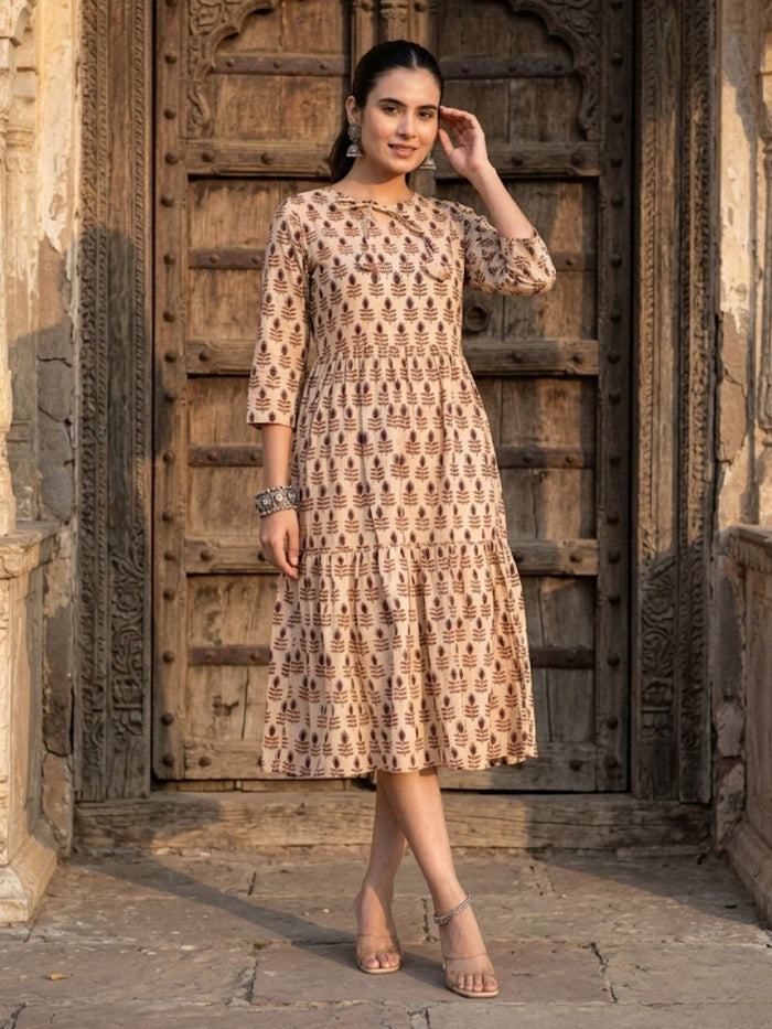 Indiehaat | Blockprinted Cotton Frill Dress Beige