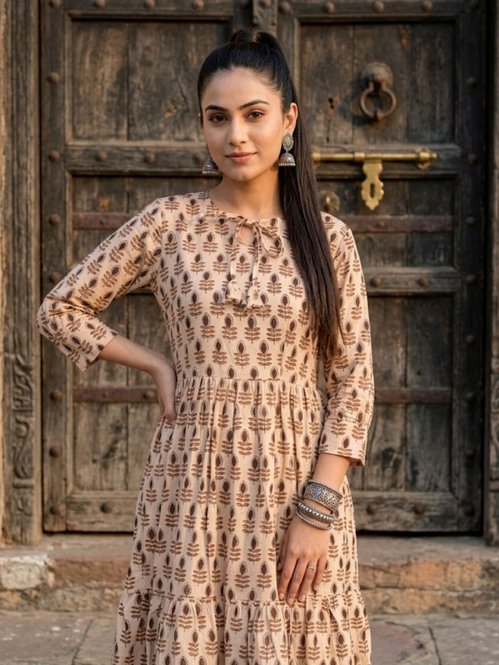 Indiehaat | Blockprinted Cotton Frill Dress Beige