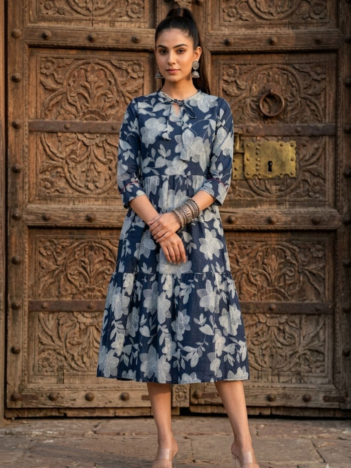 Indiehaat | Blockprinted Cotton Frill Dress Blue