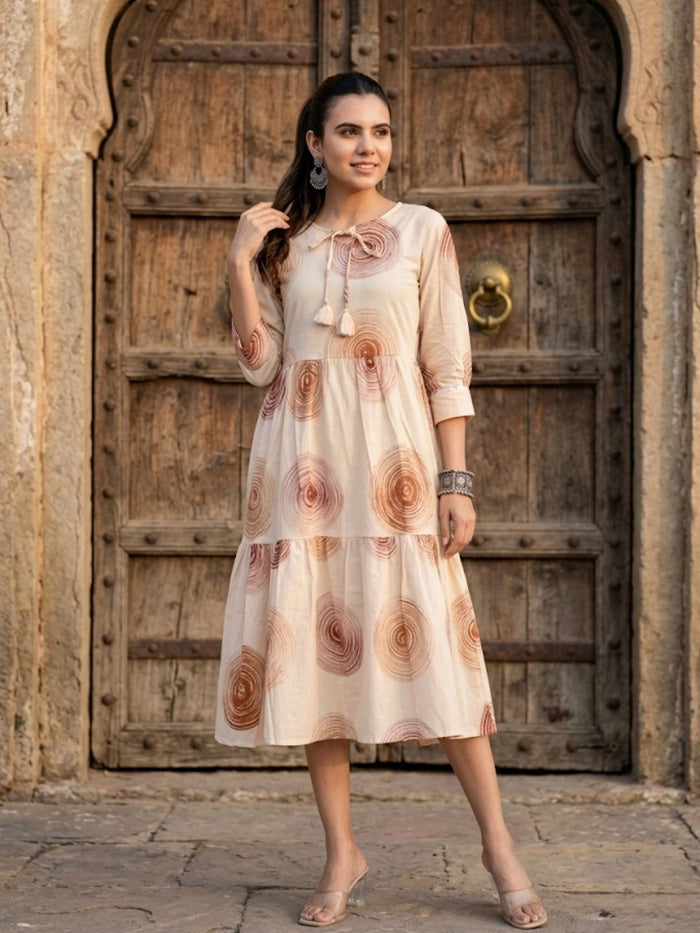 Indiehaat | Blockprinted Cotton Frill Dress Cream