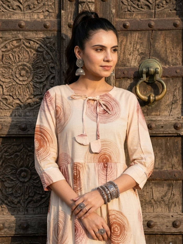 Indiehaat | Blockprinted Cotton Frill Dress Cream