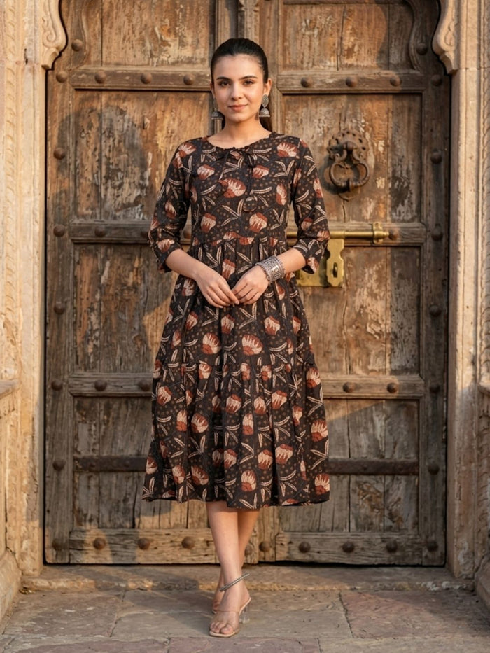 Indiehaat | Blockprinted Cotton Frill Dress Brown