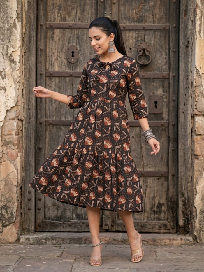 Indiehaat | Blockprinted Cotton Frill Dress Brown