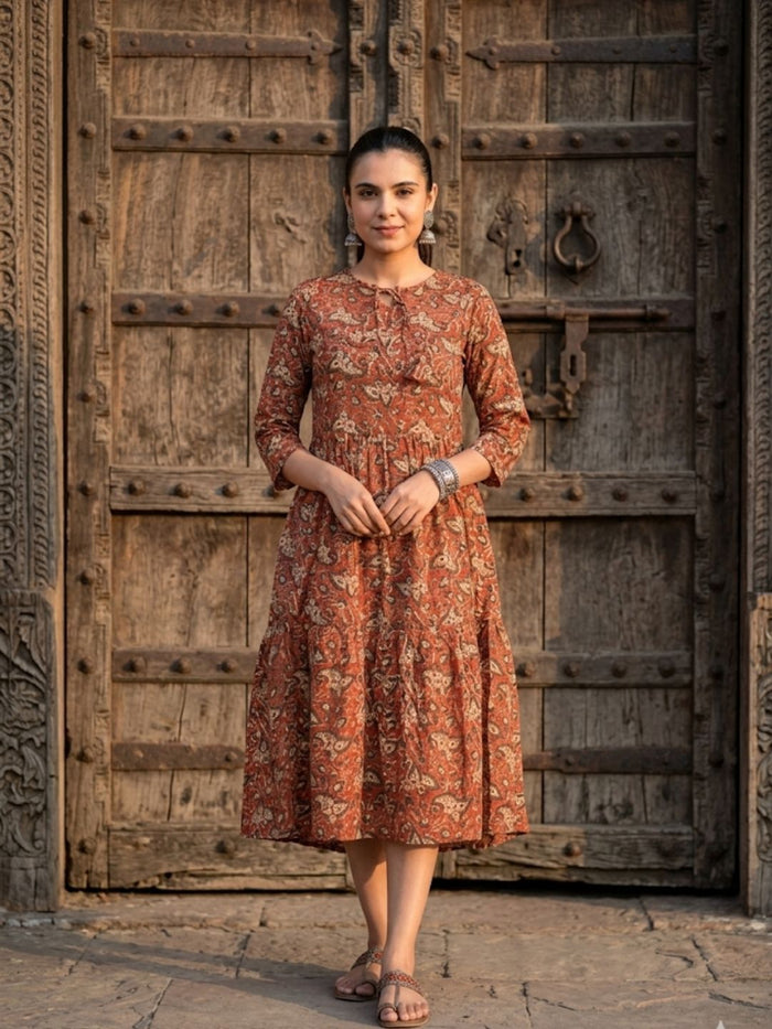 Indiehaat | Blockprinted Cotton Frill Dress Brown
