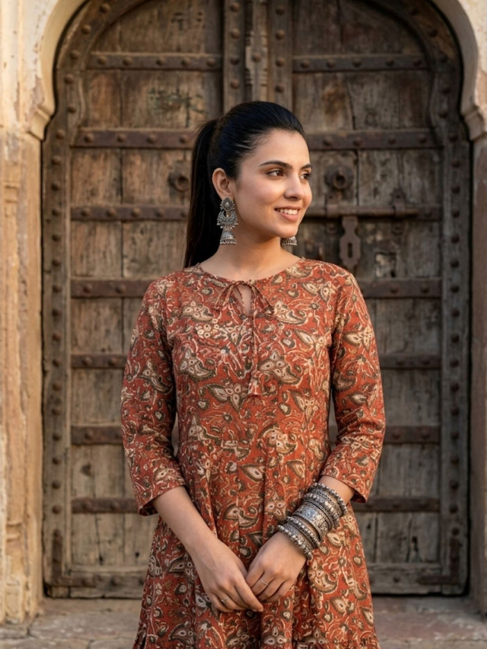 Indiehaat | Blockprinted Cotton Frill Dress Brown