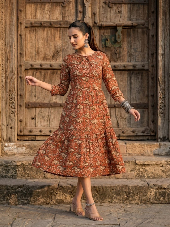 Indiehaat | Blockprinted Cotton Frill Dress Brown