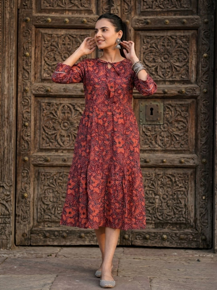 Indiehaat | Blockprinted Cotton Frill Dress Maroon