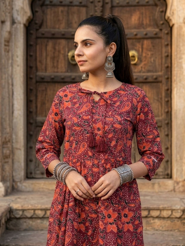 Indiehaat | Blockprinted Cotton Frill Dress Maroon