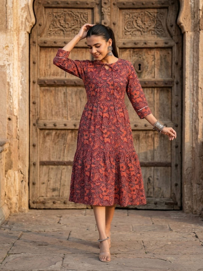 Indiehaat | Blockprinted Cotton Frill Dress Maroon