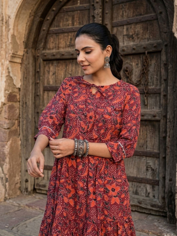 Indiehaat | Blockprinted Cotton Frill Dress Maroon