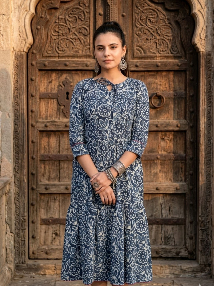 Indiehaat | Blockprinted Cotton Frill Dress Blue