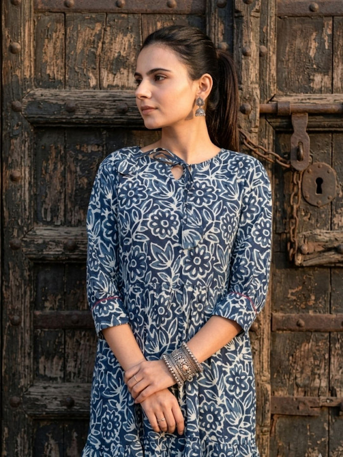 Indiehaat | Blockprinted Cotton Frill Dress Blue