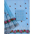 Pure Cotton Kota Doria Chikenkari Blue Saree with blouse Handcrafted-Indiehaat