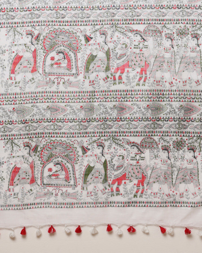 Azureish Slub Linen Saree White Handblock Print