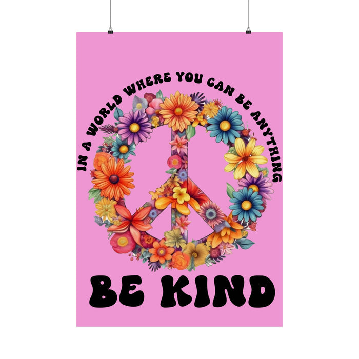 Poster with floral peace symbol and motivational text on a pink background