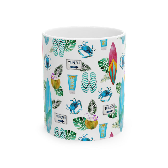 Beach Coffee Mug Flip Flops, Sunblock, Surfboard Ceramic Cup Dishwasher Safe