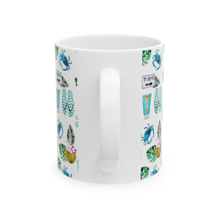 Beach Coffee Mug Flip Flops, Sunblock, Surfboard Ceramic Cup Dishwasher Safe