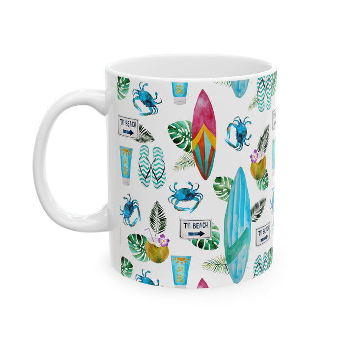 Beach Coffee Mug Flip Flops, Sunblock, Surfboard Ceramic Cup Dishwasher Safe
