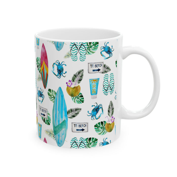 Beach Coffee Mug Flip Flops, Sunblock, Surfboard Ceramic Cup Dishwasher Safe