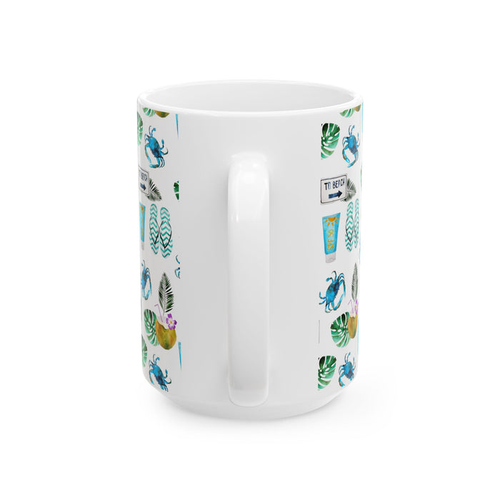 Beach Coffee Mug Flip Flops, Sunblock, Surfboard Ceramic Cup Dishwasher Safe