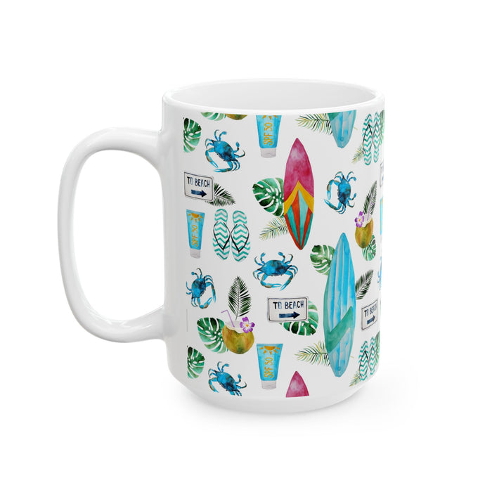 Beach Coffee Mug Flip Flops, Sunblock, Surfboard Ceramic Cup Dishwasher Safe
